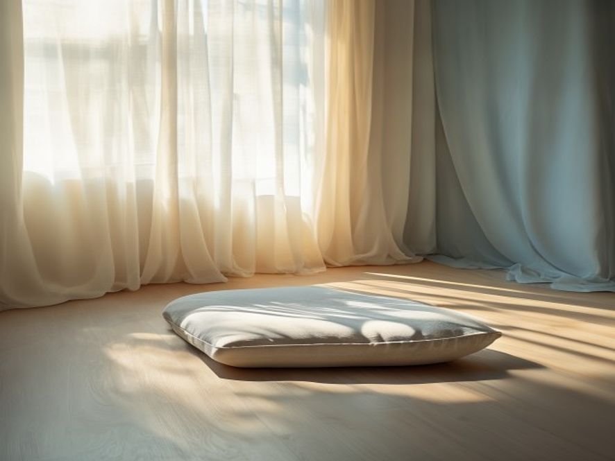 Rolig meditativ scene med åbent vindue og naturligt lys